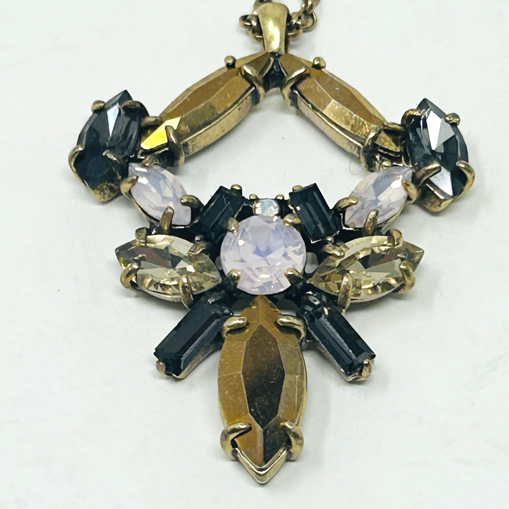 J Crew Pendant Necklace Long Antique Gold Link Chain Rhinestones Gray‎ Stones
